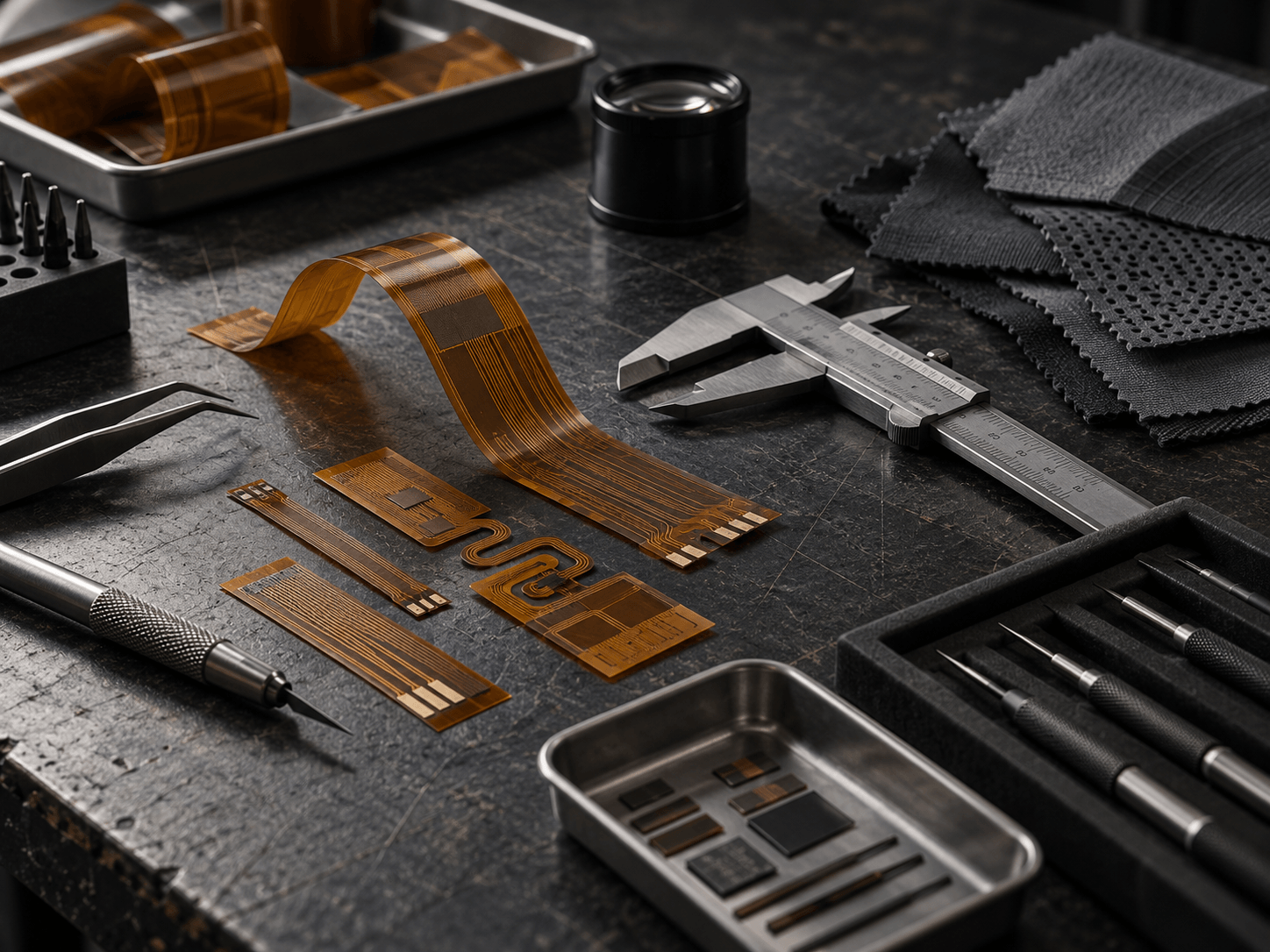 Flexible circuit samples, fabric swatches and precision tools on an engineering workbench.