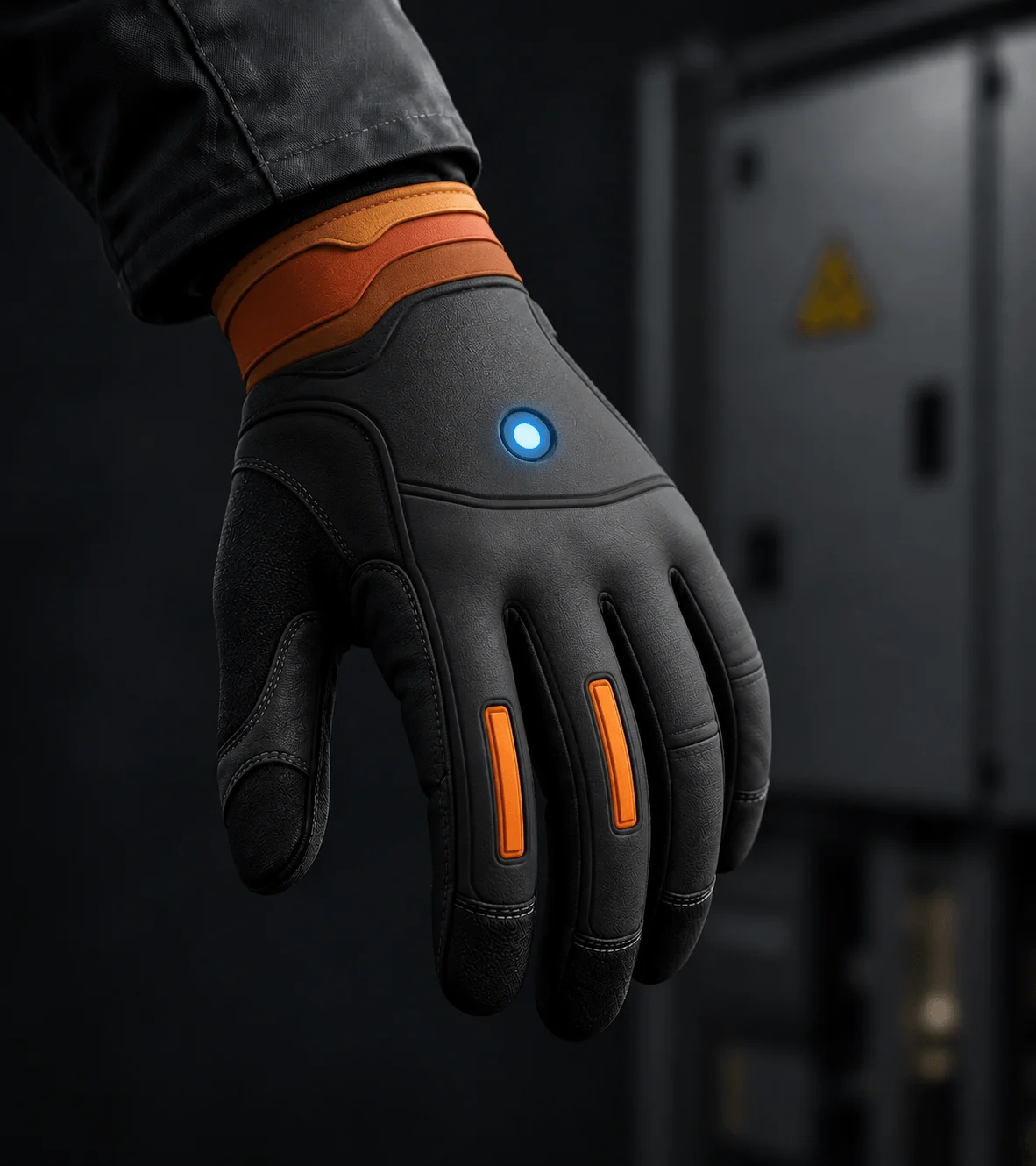 Concept illustration of a black and orange OHMA glove in front of an electrical cabinet.