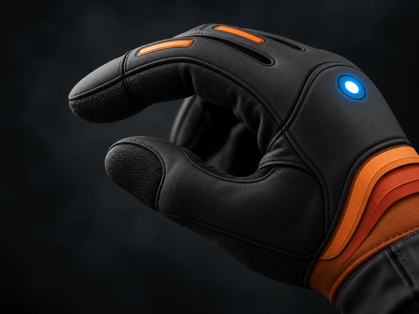 Close-up of an OHMA glove with the fingers bent, showing the material and stitching.