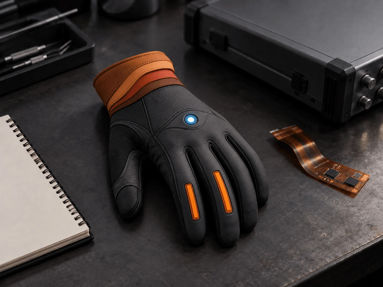 An OHMA glove beside a flexible circuit, test equipment and a notebook on a workbench.