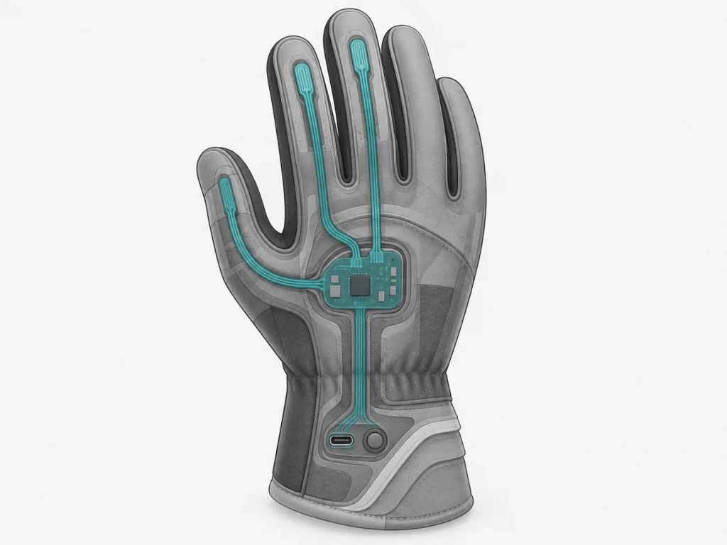 Cutaway illustration of the OHMA glove showing sensor paths to the thumb, index and middle fingers.