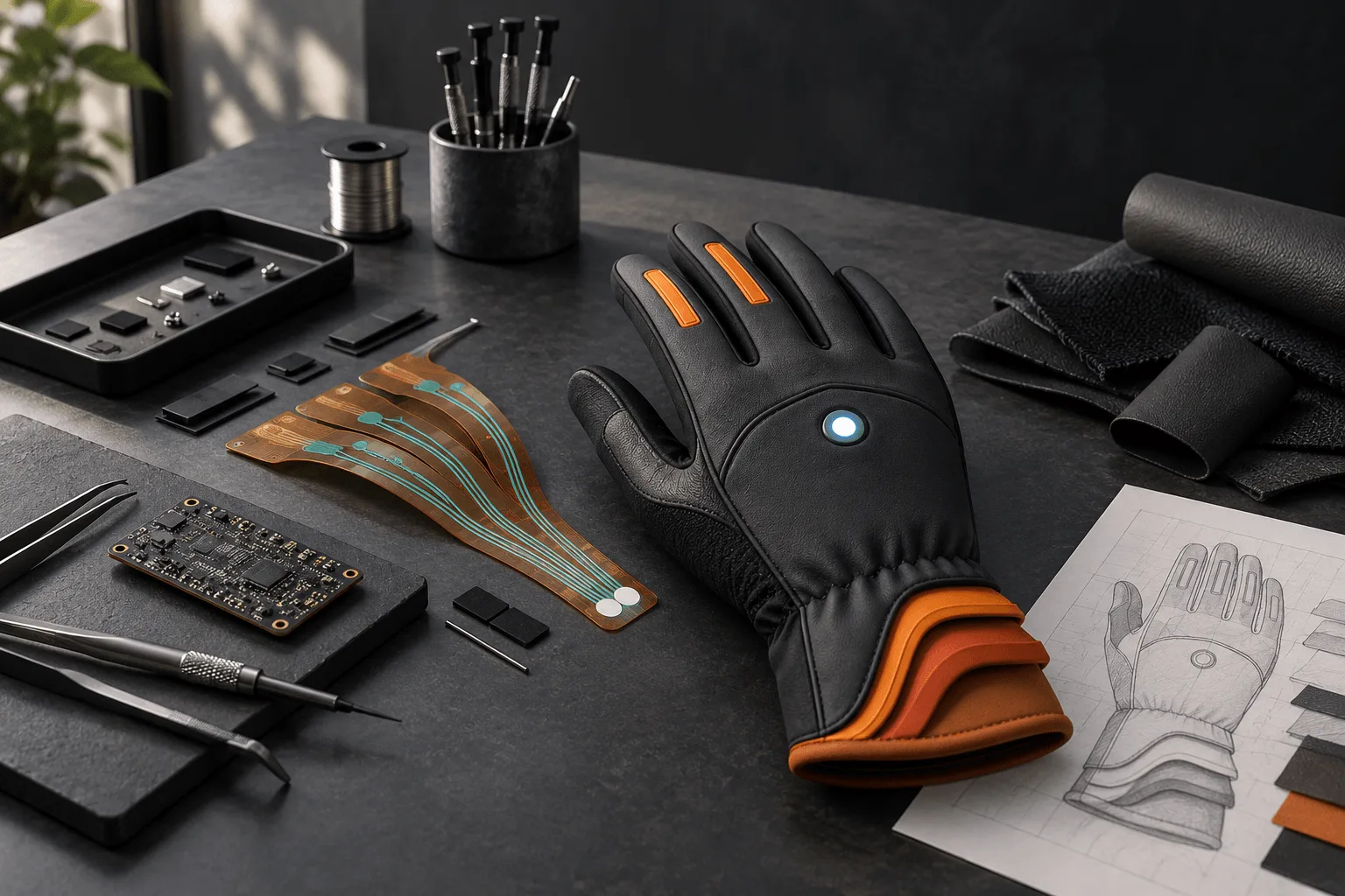 An OHMA glove with flexible circuits, electronic components, material samples and a design sketch.