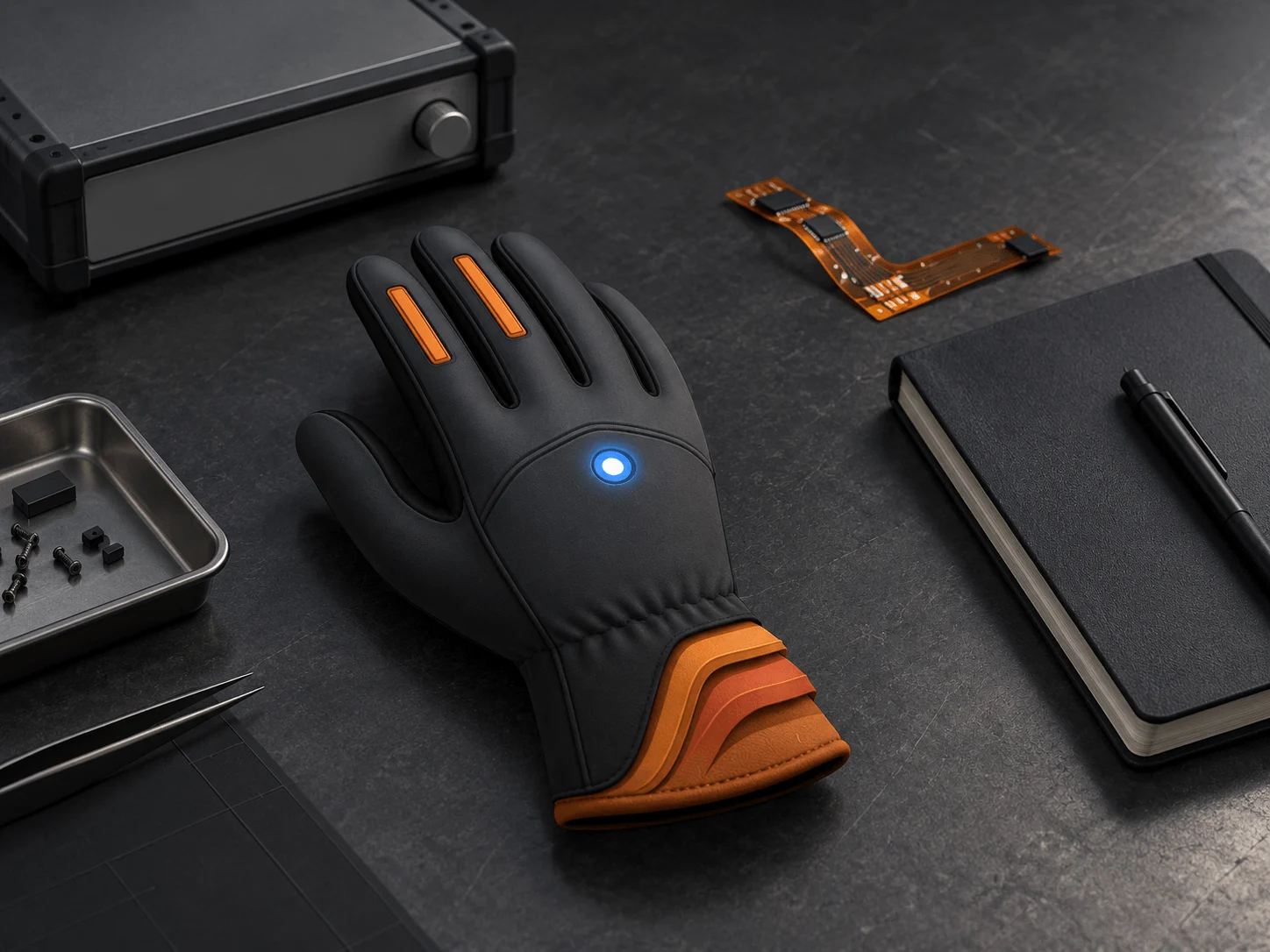 An OHMA glove and flexible circuit on a workbench beside electronic test equipment.