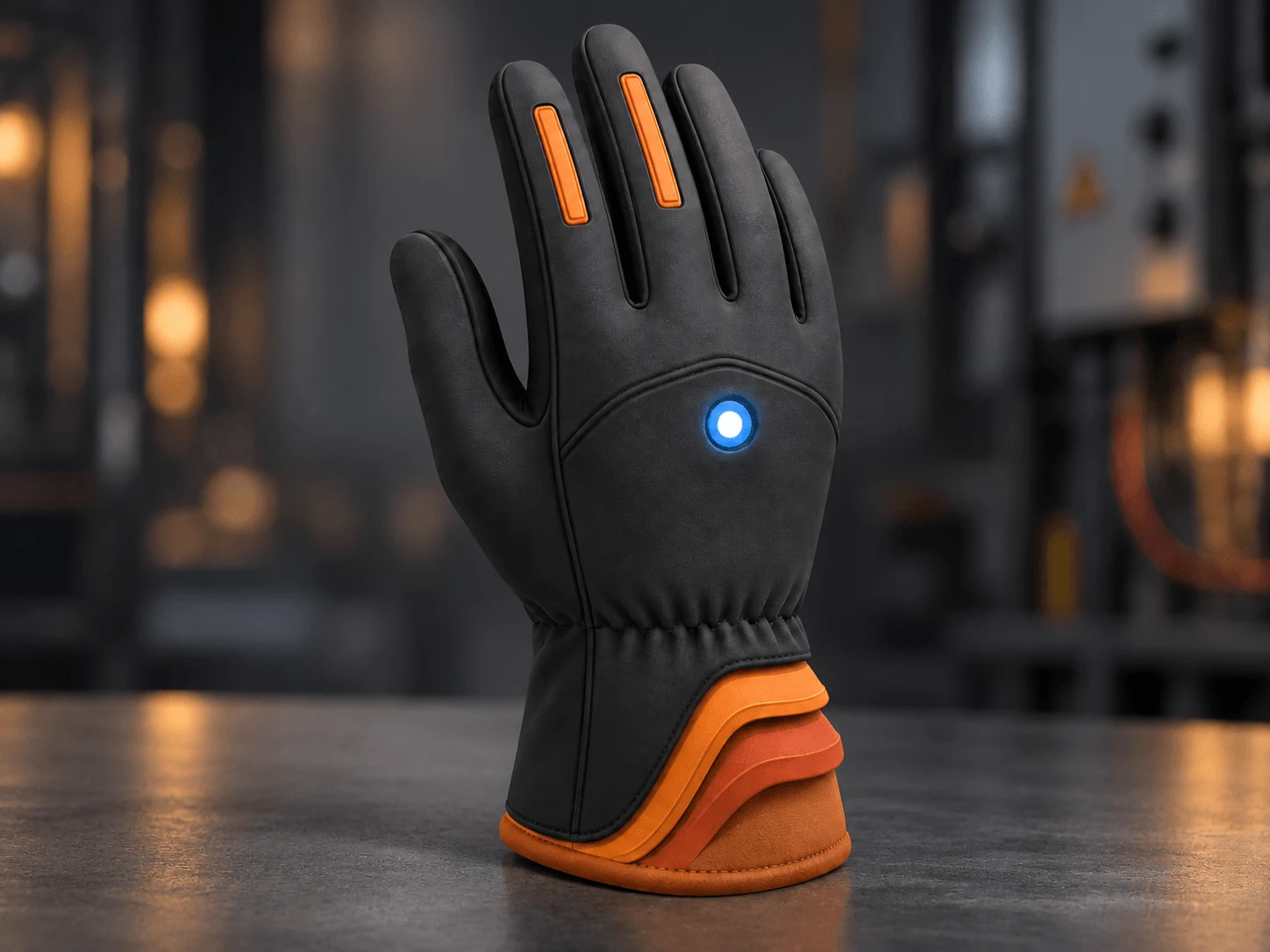 Concept illustration of the OHMA glove standing on an industrial workbench.