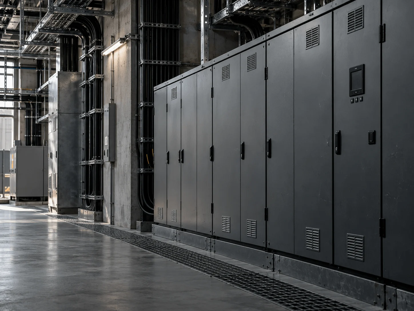 A row of electrical switchgear cabinets beneath cable trays in an industrial building.
