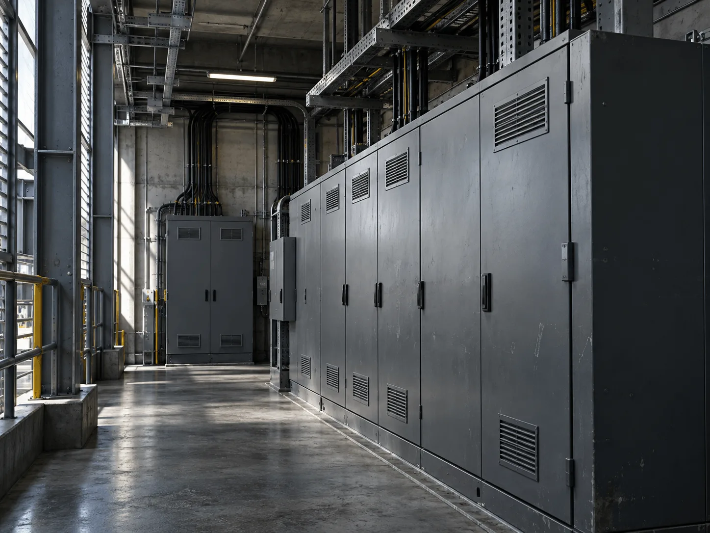 Electrical switchgear cabinets and overhead cable trays in an industrial facility.